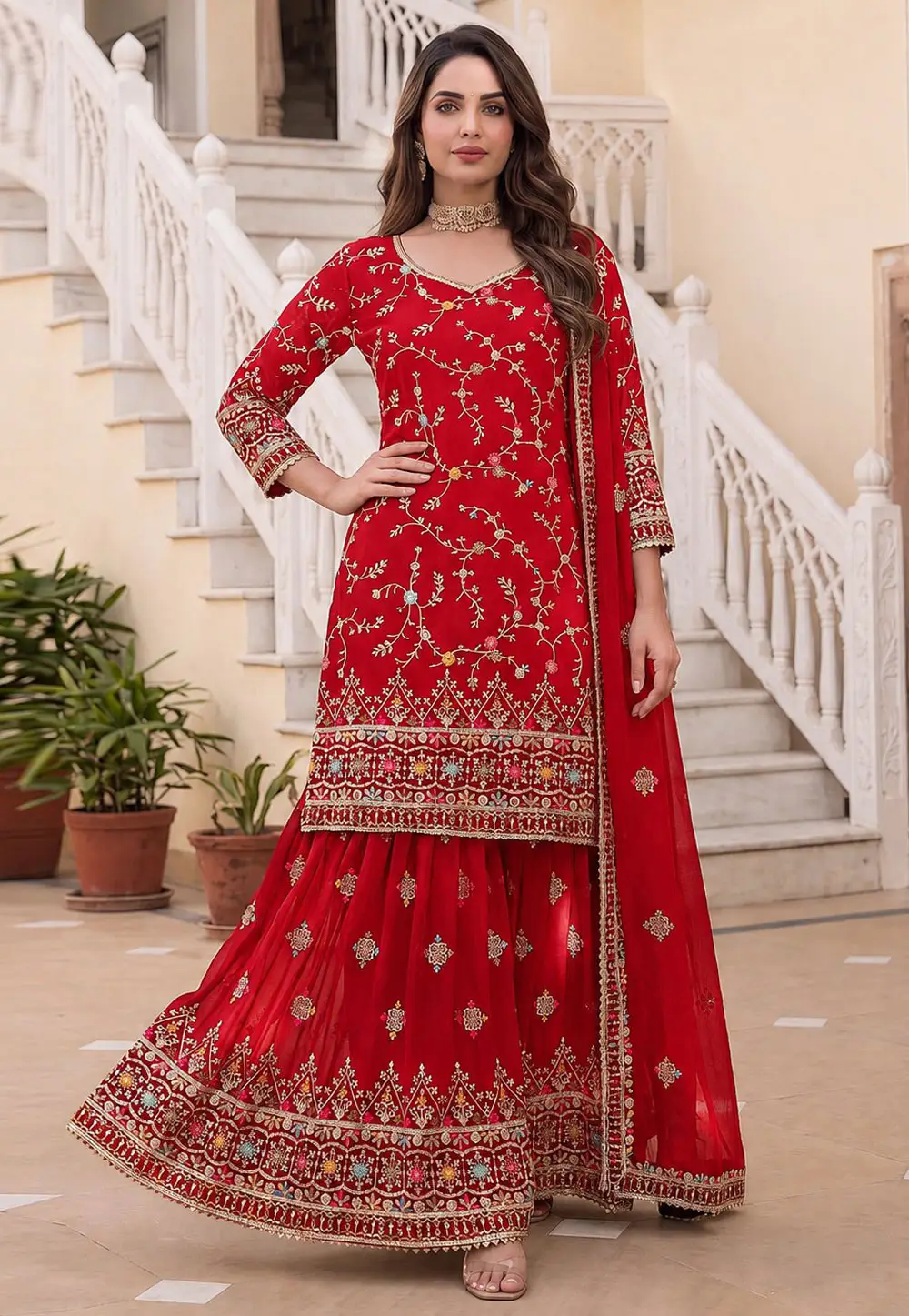 Red Faux Georgette Readymade Gharara Suit 333356