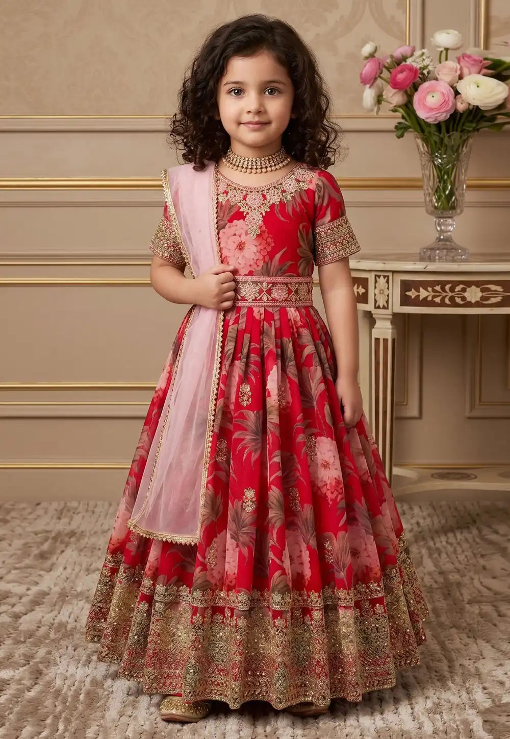 Red Faux Georgette Readymade Kids Gown 329931