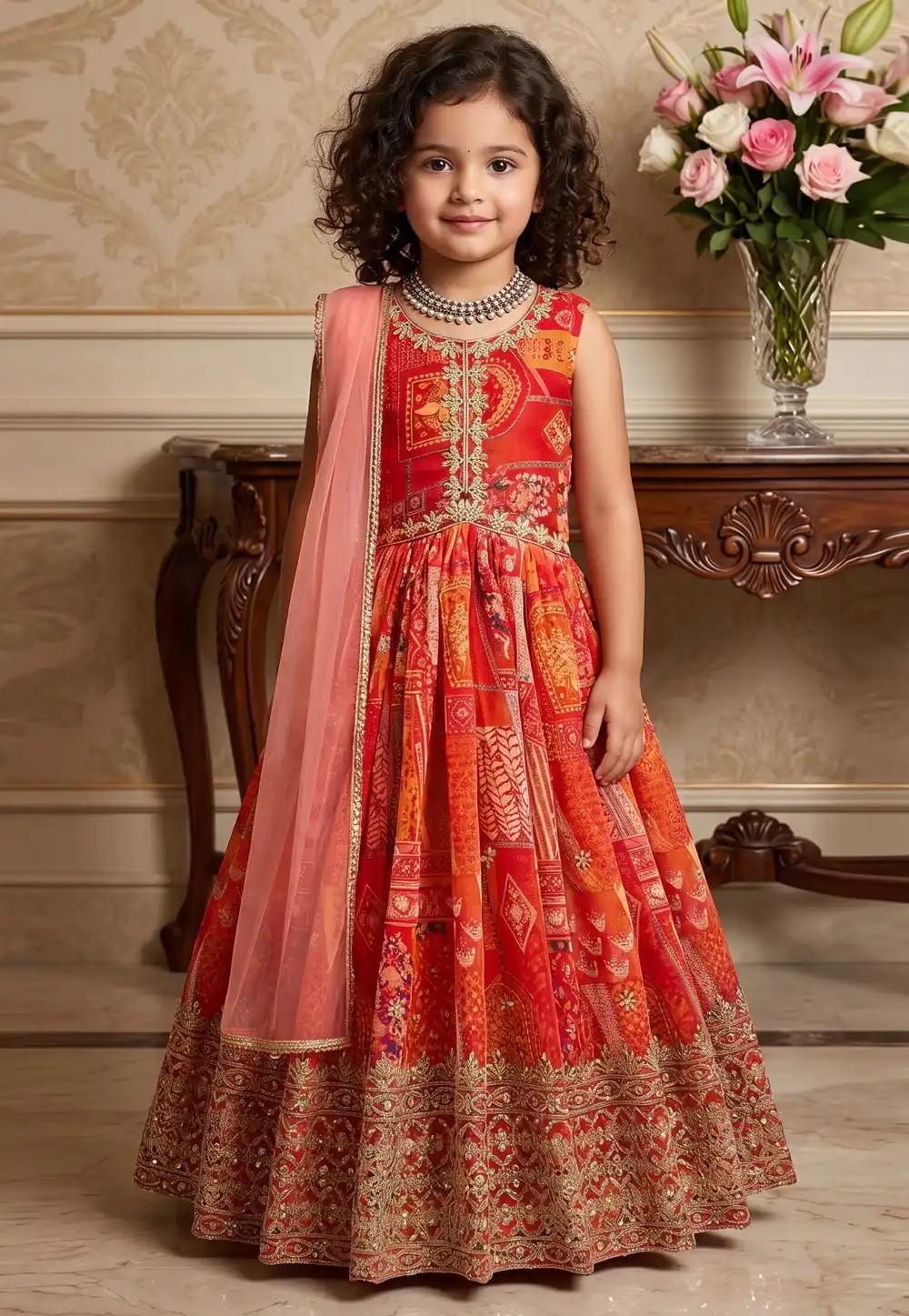 Red Faux Georgette Readymade Kids Gown 329934