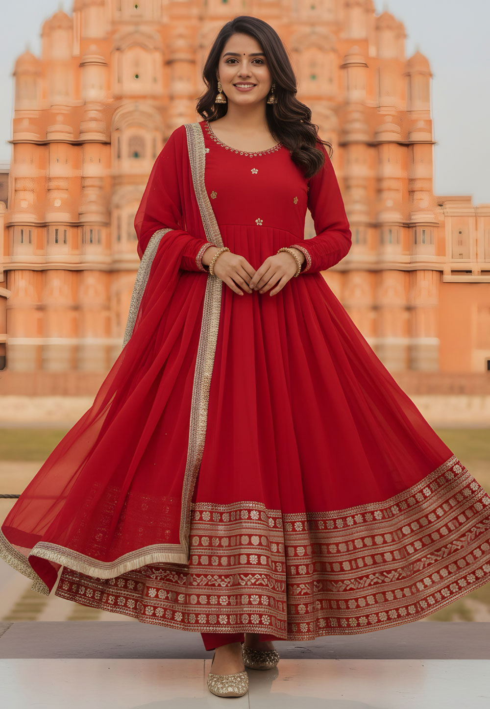 Red Faux Georgette Readymade Long Anarkali Suit 319790