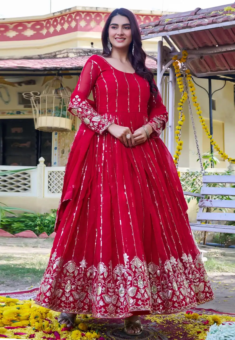 Red Faux Georgette Readymade Long Anarkali Suit 325966