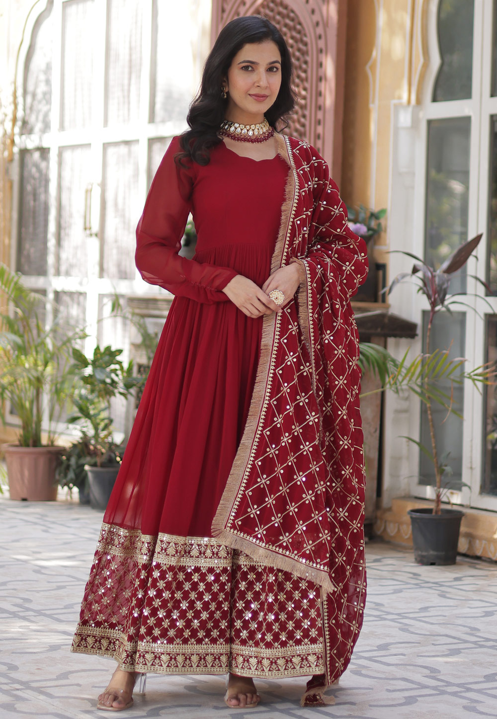 Red Faux Georgette Readymade Long Anarkali Suit 307333