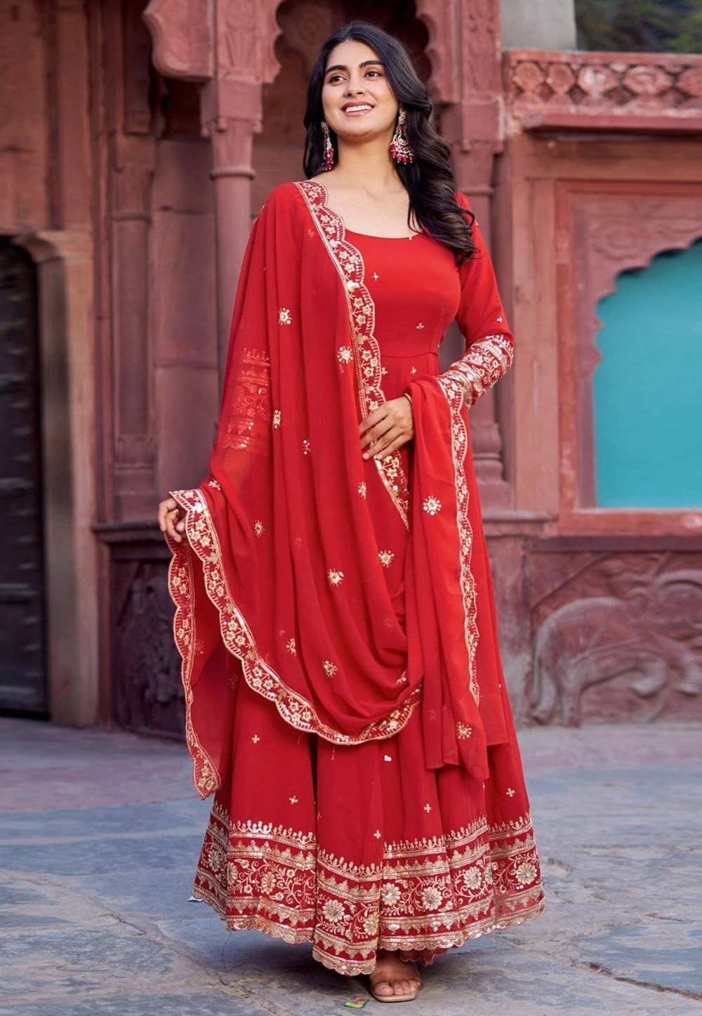 Red Faux Georgette Readymade Long Anarkali Suit 311653