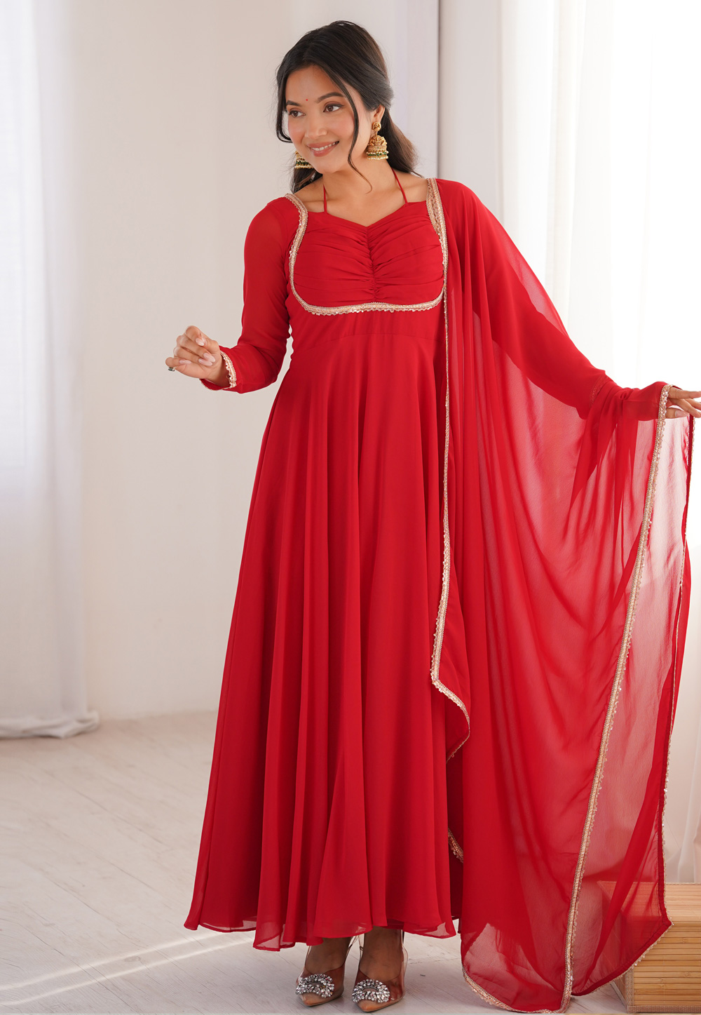 Red Faux Georgette Readymade Long Anarkali Suit 323643