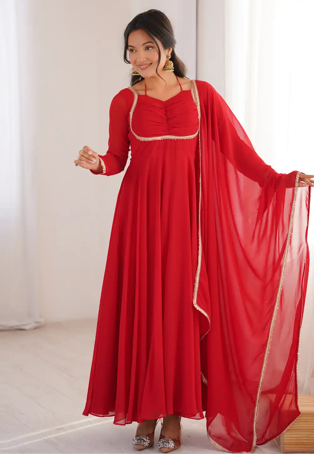 Red Faux Georgette Readymade Long Anarkali Suit 323643