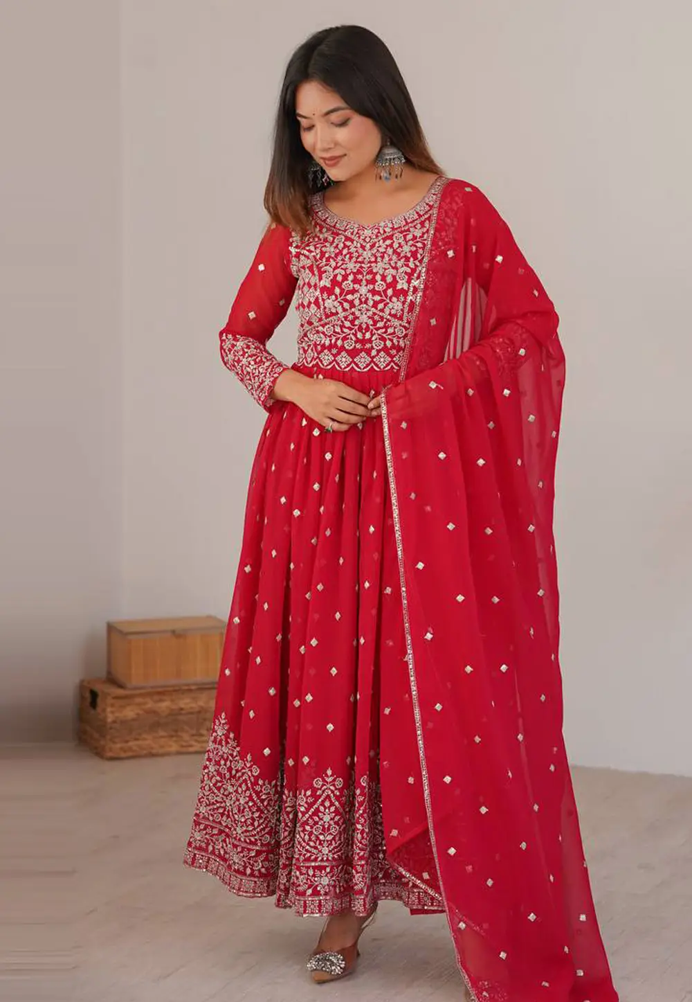 Red Faux Georgette Readymade Long Anarkali Suit 333729