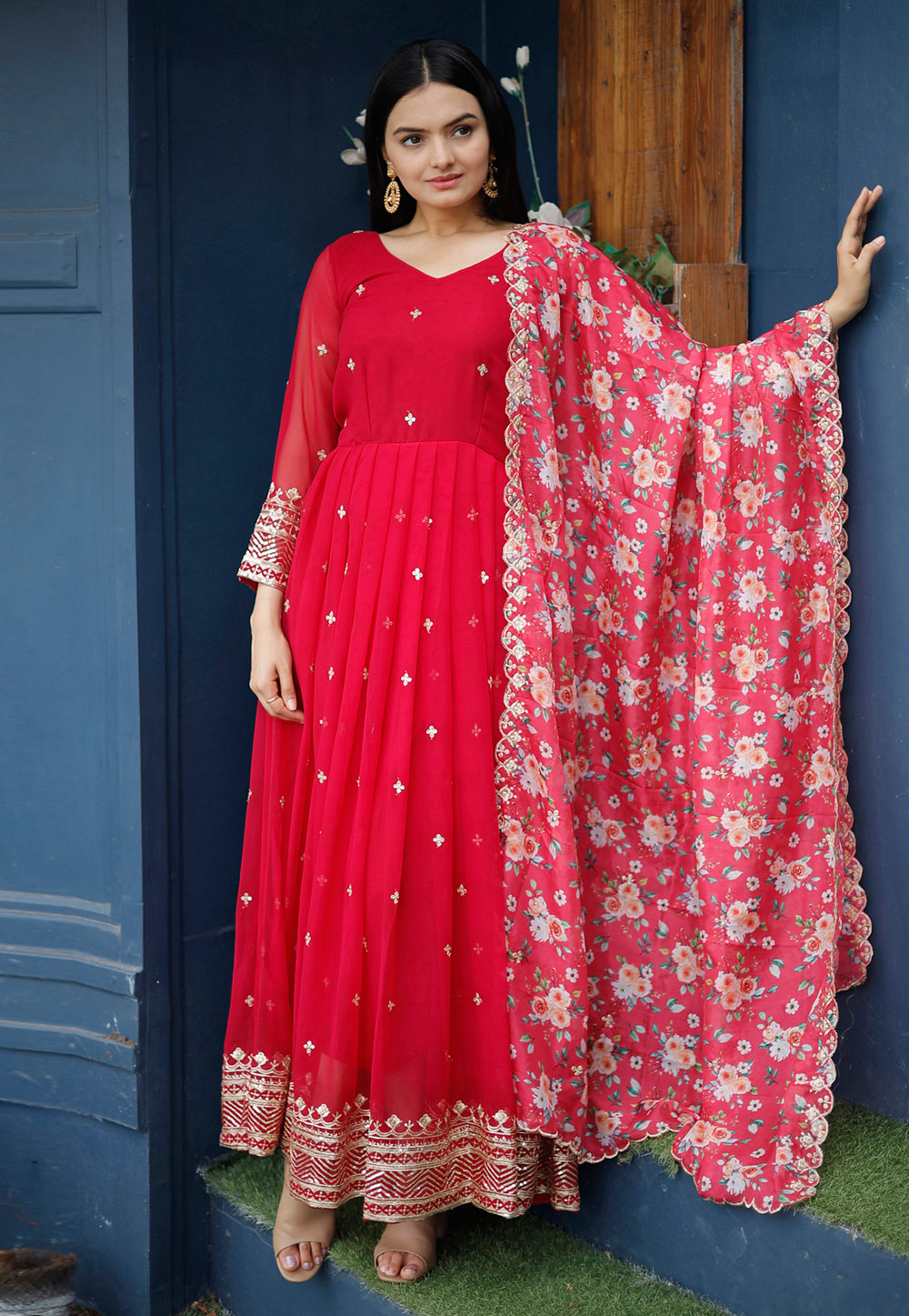Red Faux Georgette Readymade Long Anarkali Suit 278924