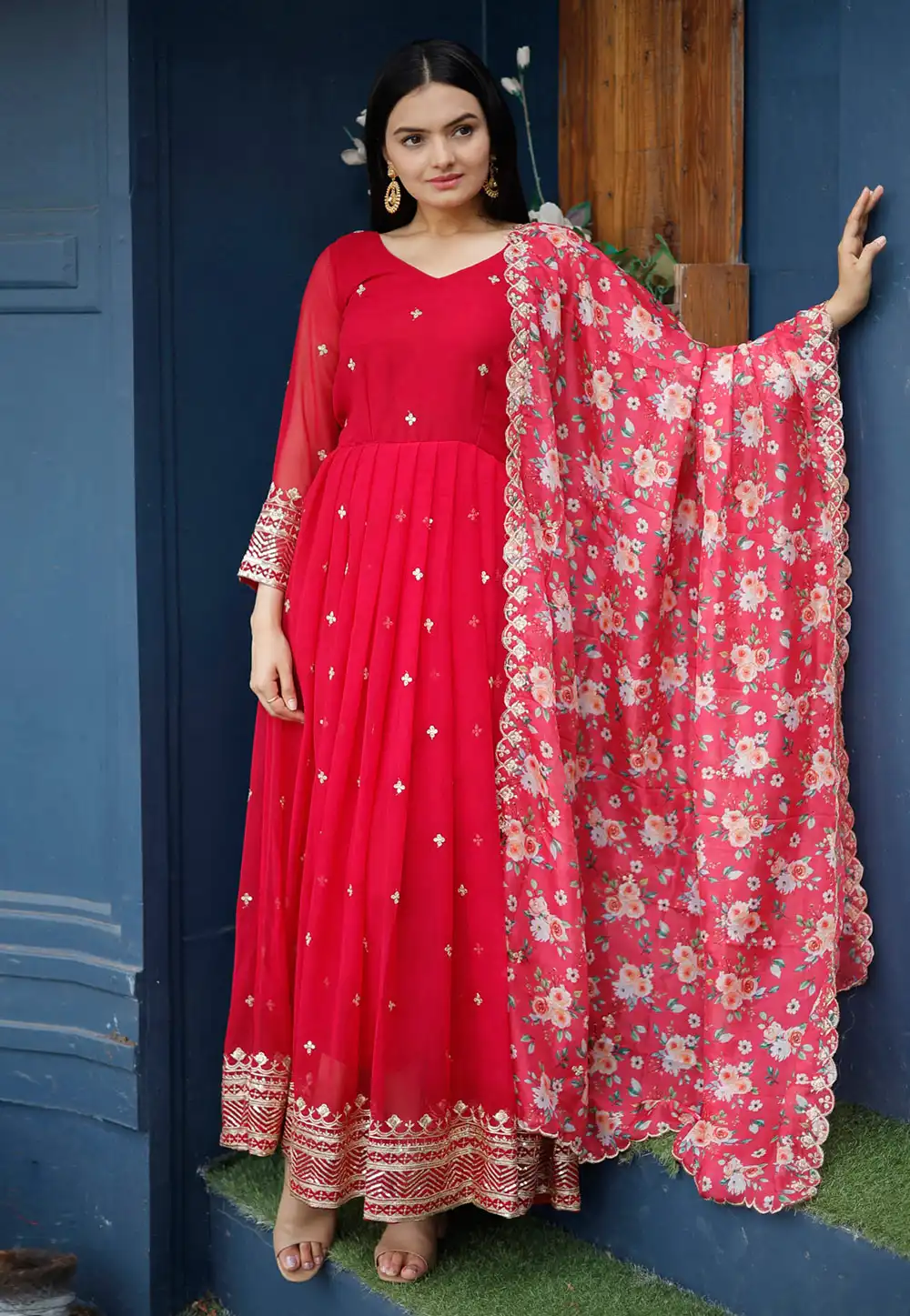 Red Faux Georgette Readymade Long Anarkali Suit 278924