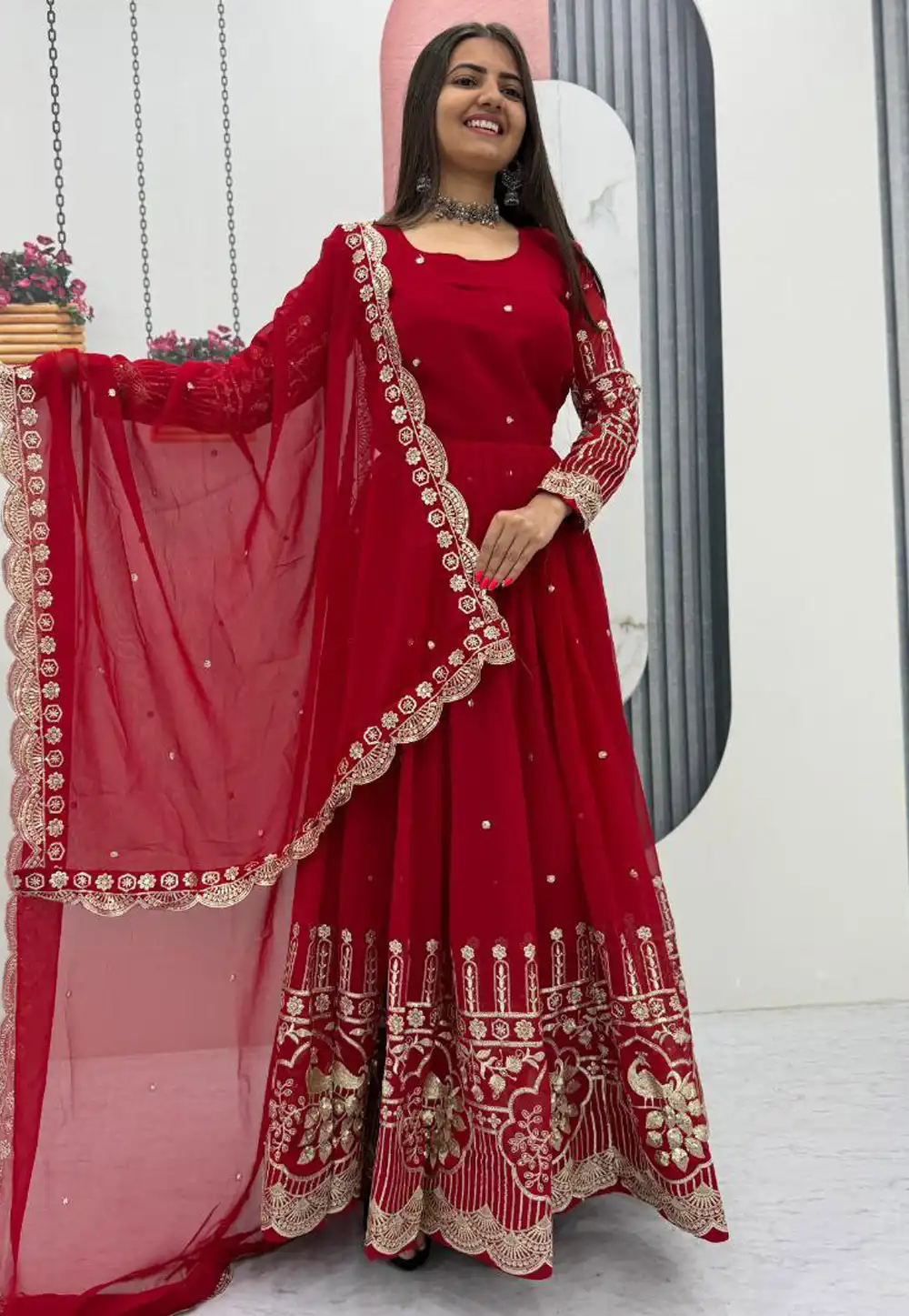 Red Faux Georgette Readymade Long Anarkali Suit 328911