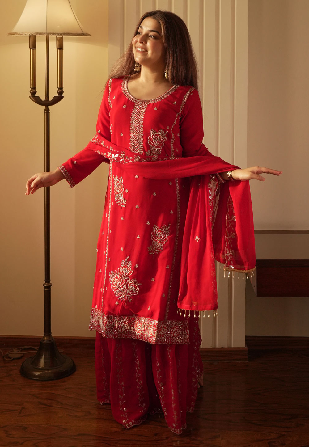 Red Faux Georgette Readymade Pakistani Suit 329998
