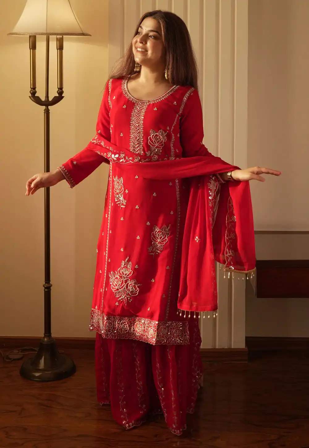 Red Faux Georgette Readymade Pakistani Suit 329998