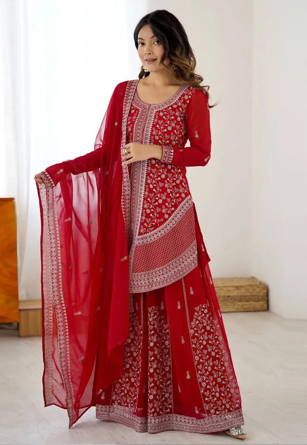 Red Faux Georgette Readymade Pakistani Suit 329643