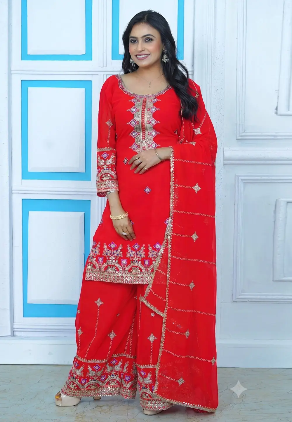 Red Faux Georgette Readymade Palazzo Suit 334594
