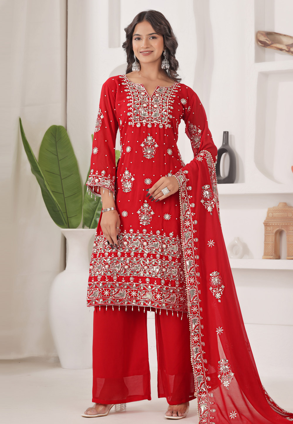 Red Faux Georgette Readymade Palazzo Suit 324023