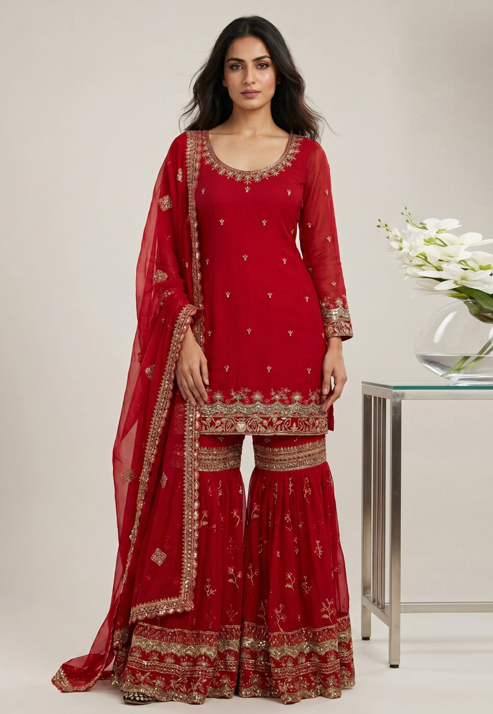 Red Faux Georgette Readymade Sharara Suit 330337