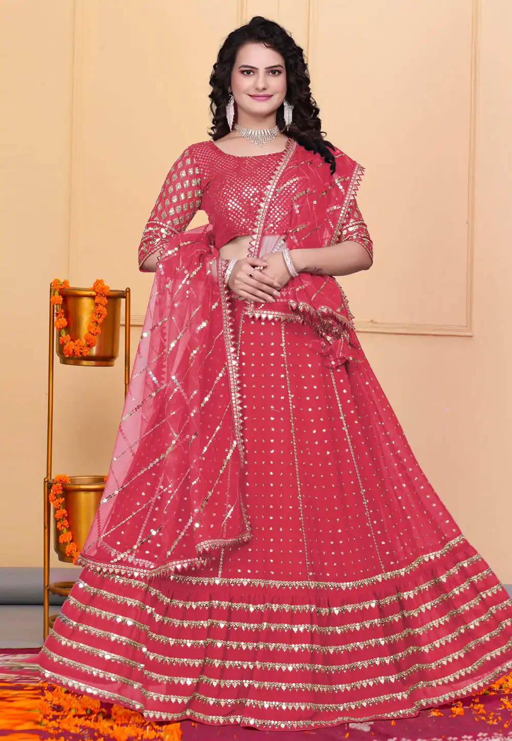 Red Georgette A Line Lehenga Choli 308823
