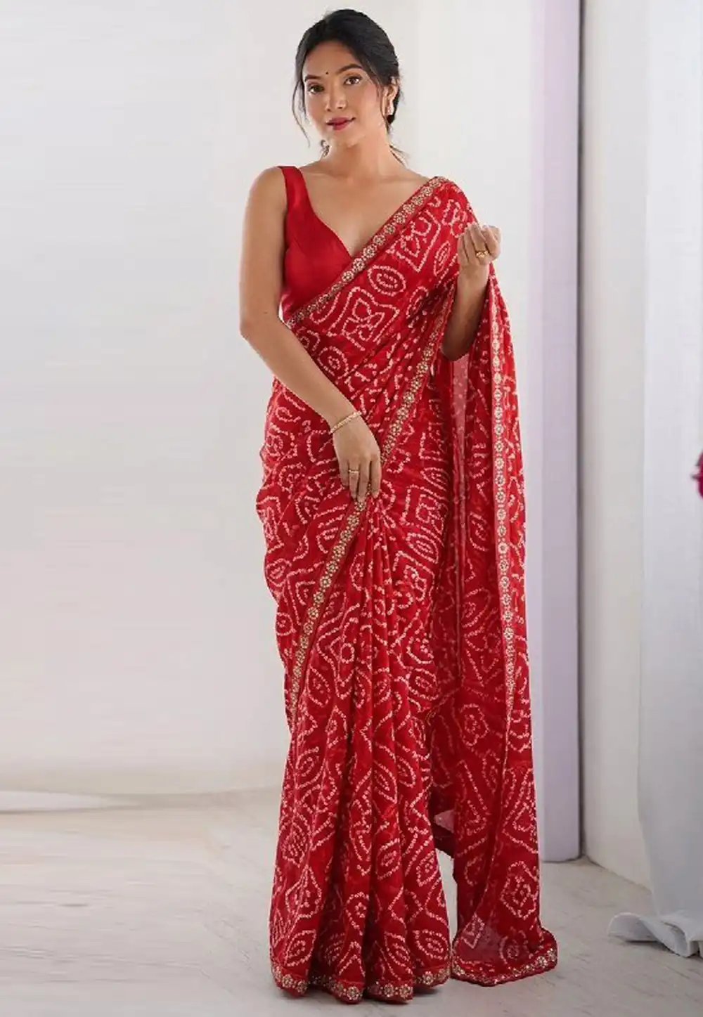 Red Georgette Bandhani Print Saree 327192