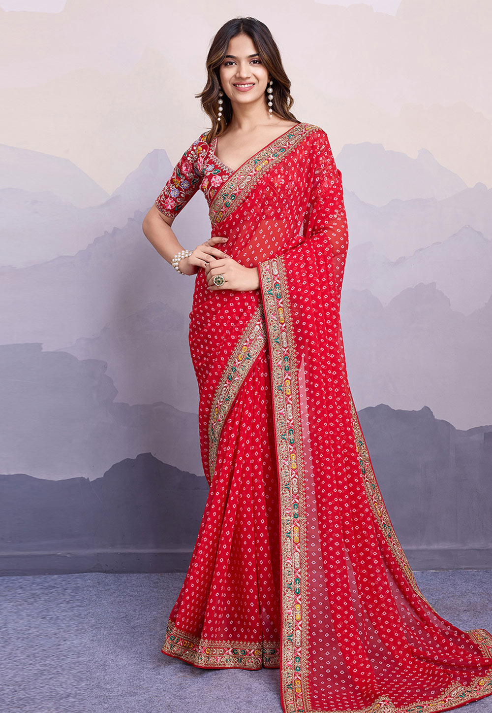 Red Georgette Bandhani Print Saree 312688