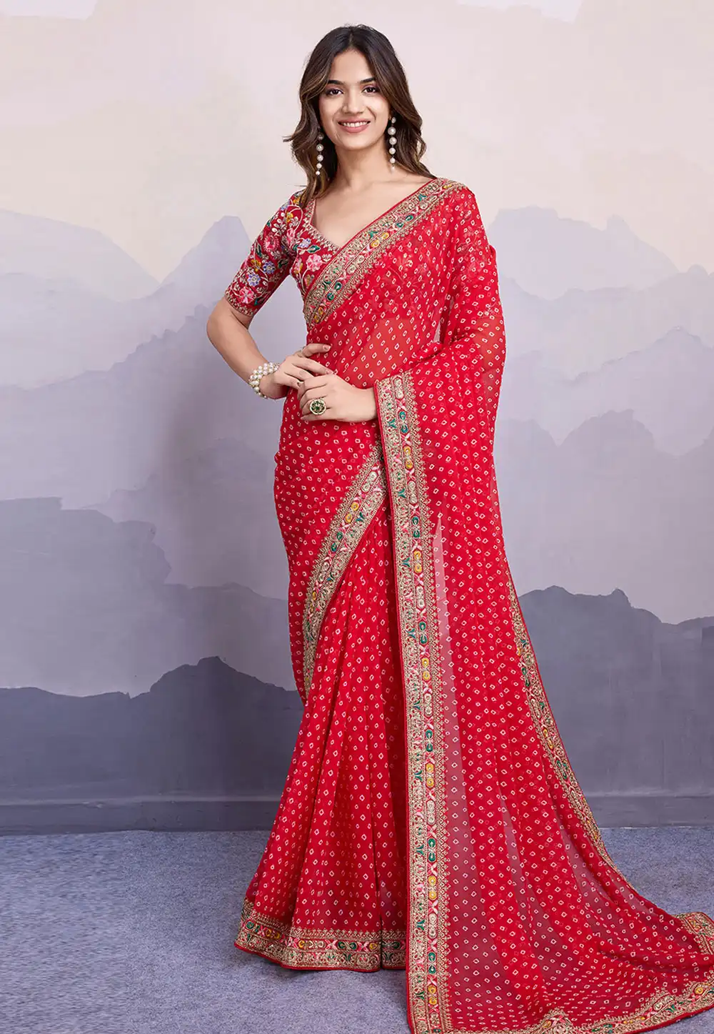 Red Georgette Bandhani Print Saree 312688