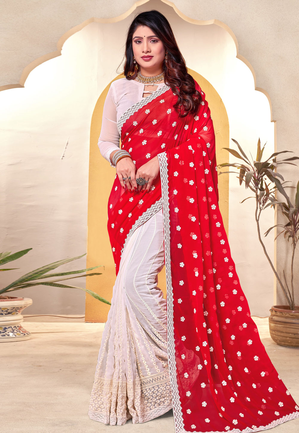 Red Georgette Half N Half Saree 287196