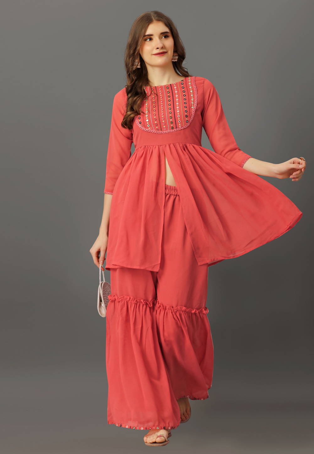 Red Georgette Kurta Set With Sharara 279924