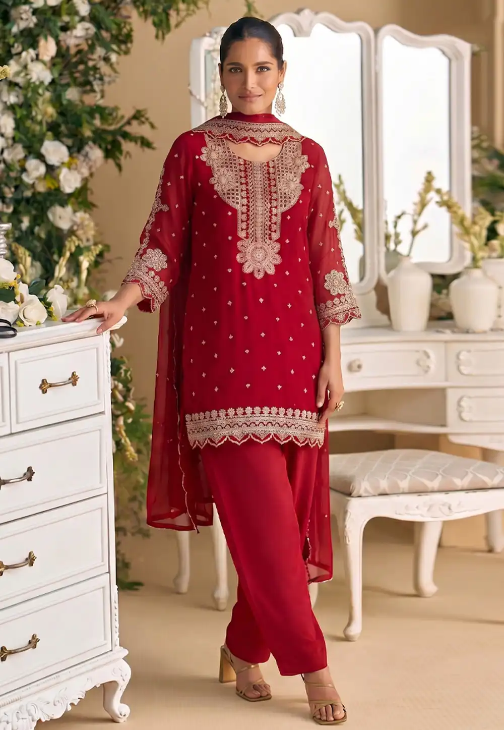 Red Georgette Pant Style Suit 329758