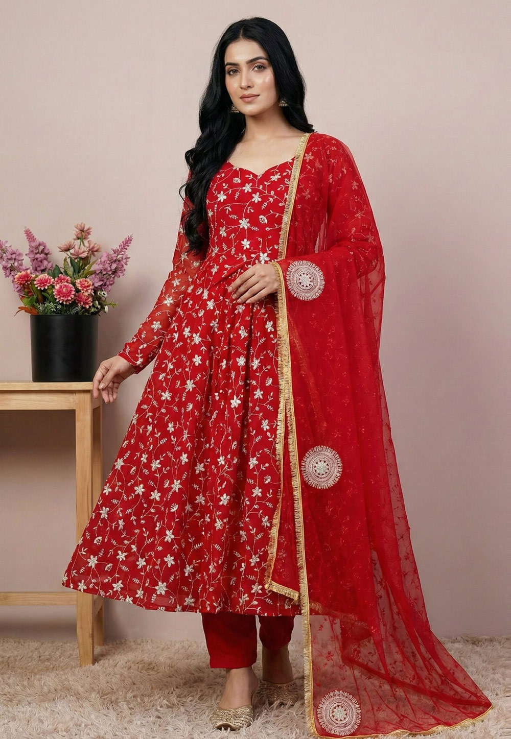 Red Georgette Readymade Anarkali Suit 324967