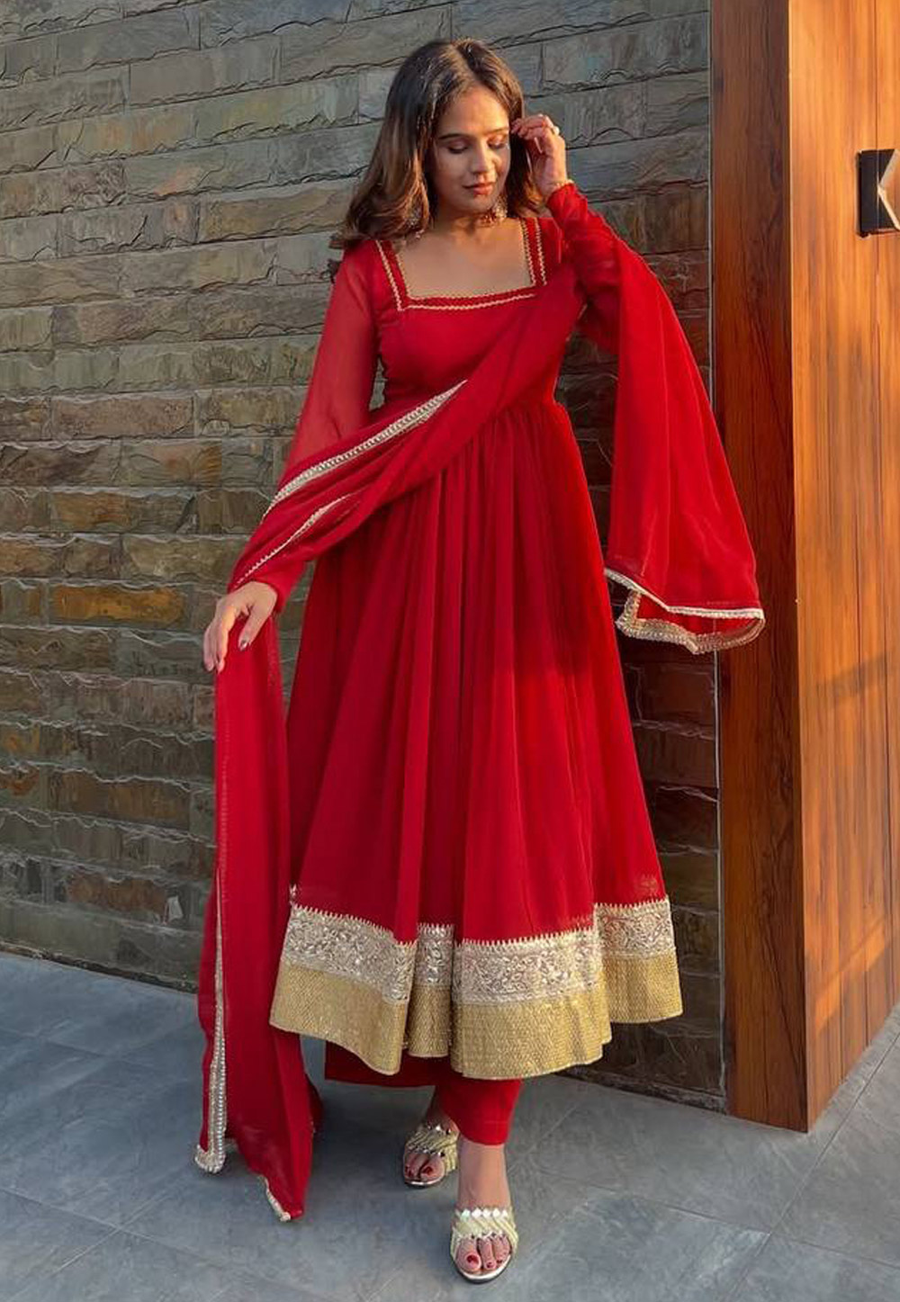Red Georgette Readymade Anarkali Suit 321616