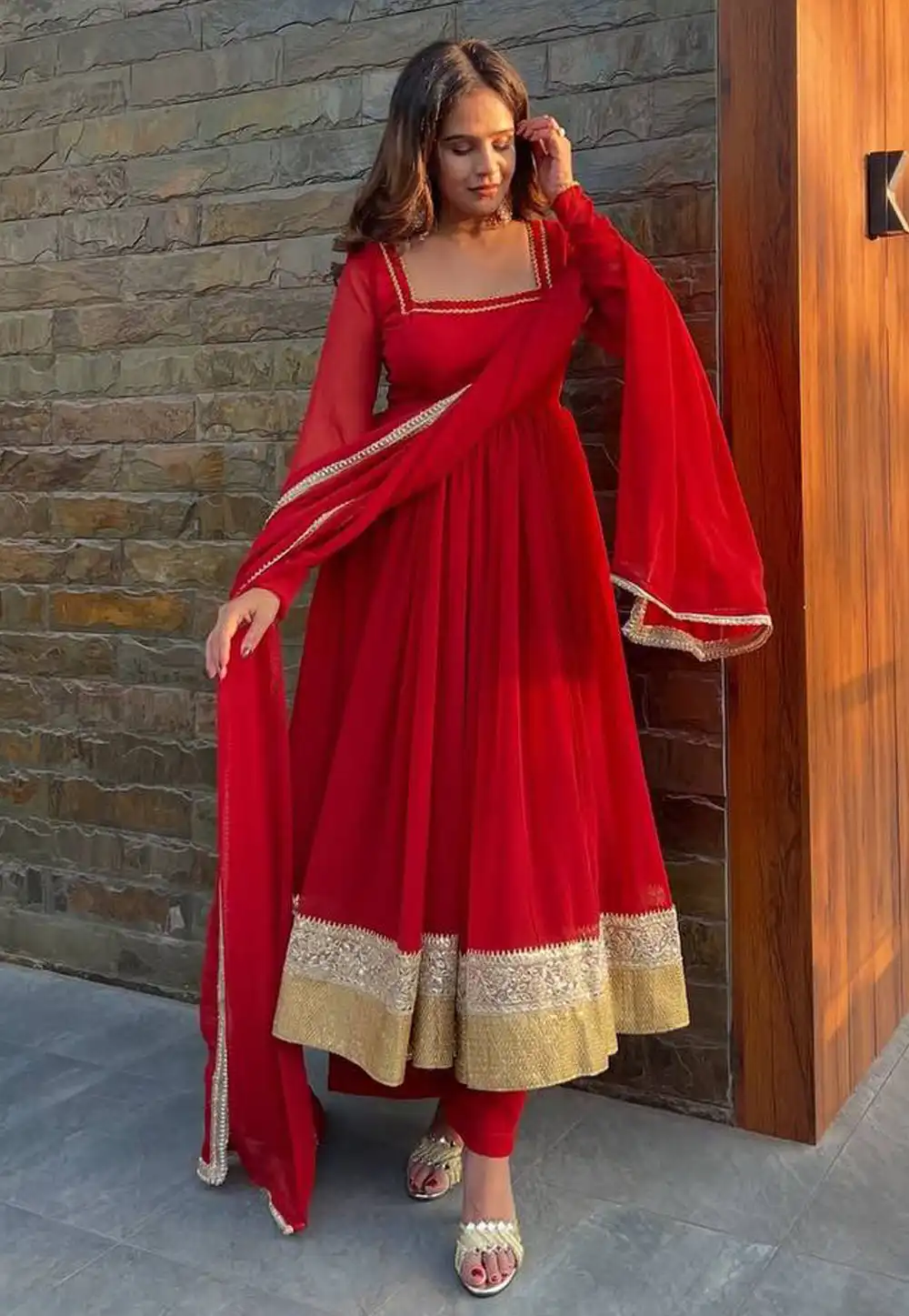 Red Georgette Readymade Anarkali Suit 321616