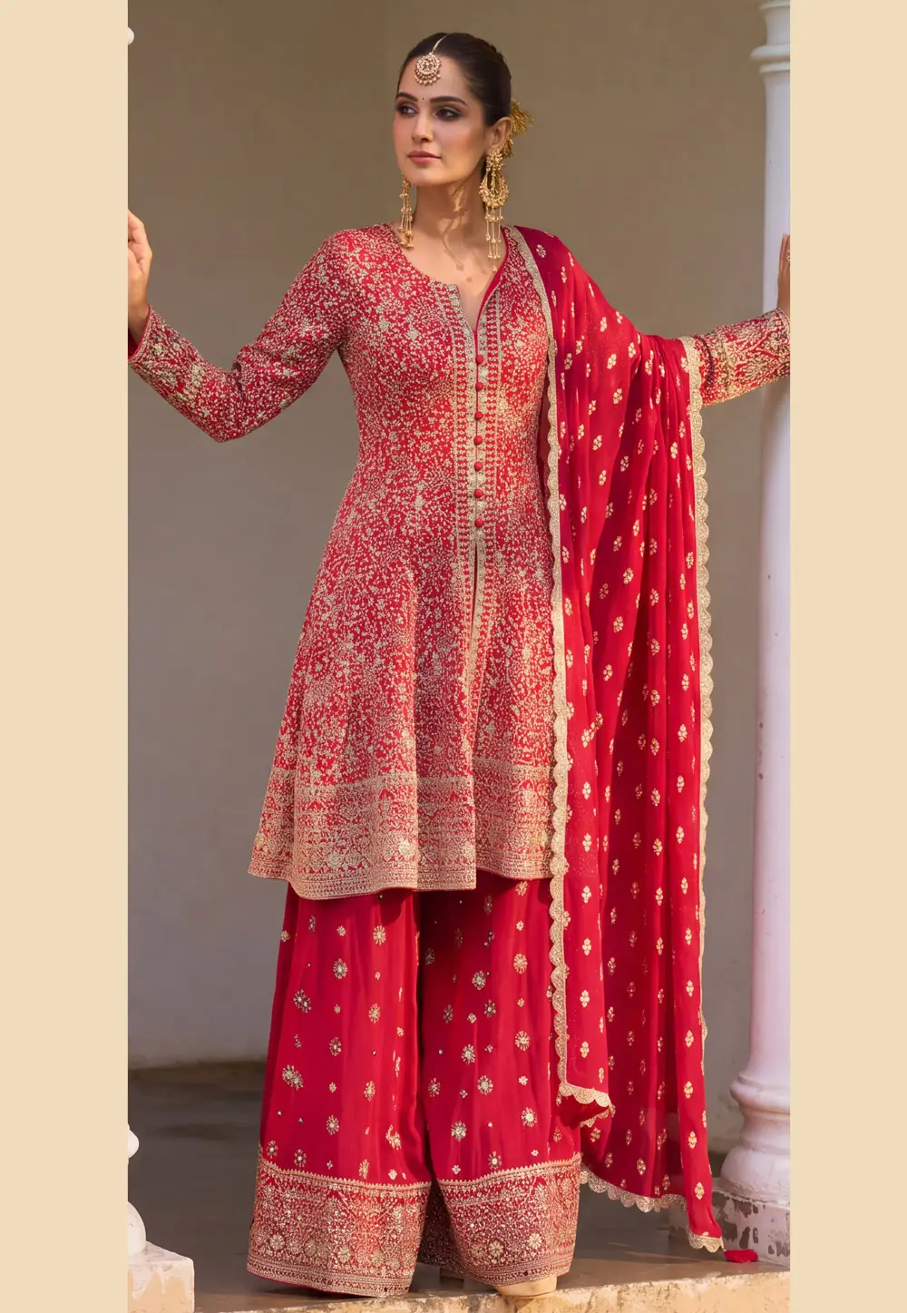 Red Georgette Readymade Center Slit Anarkali Suit 335671