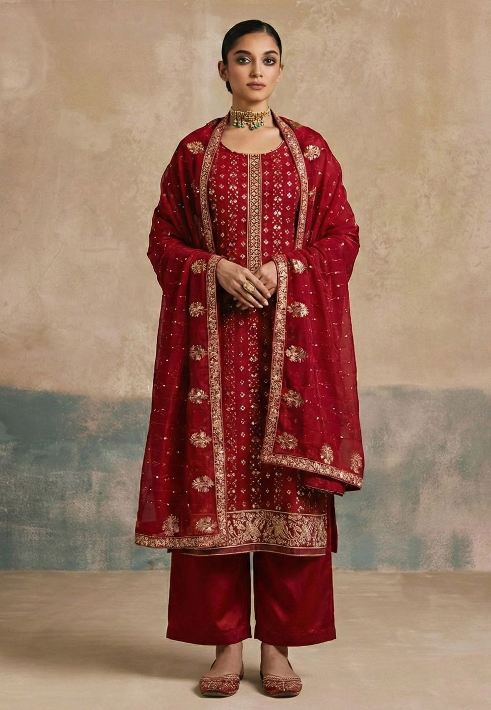Red Georgette Readymade Palazzo Suit 323963