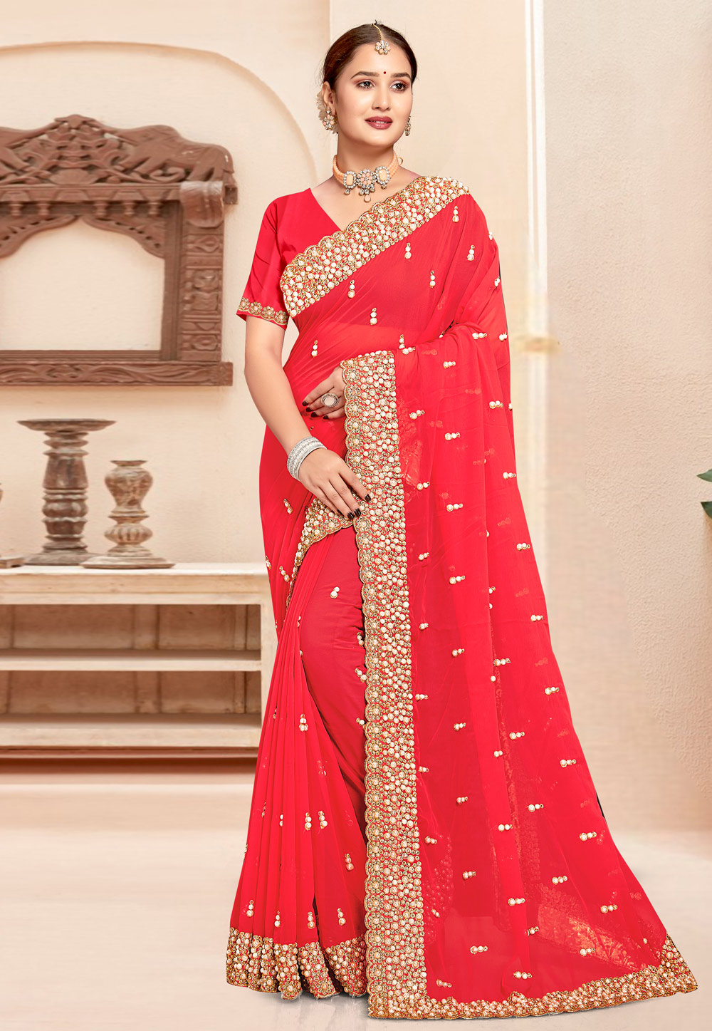 Red Georgette Saree With Blouse 307409