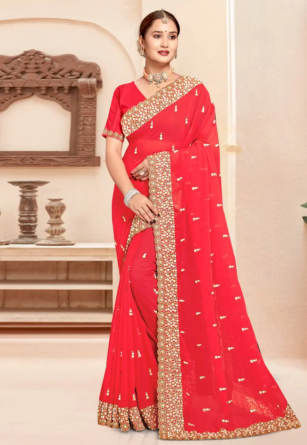Red Georgette Saree With Blouse 307409