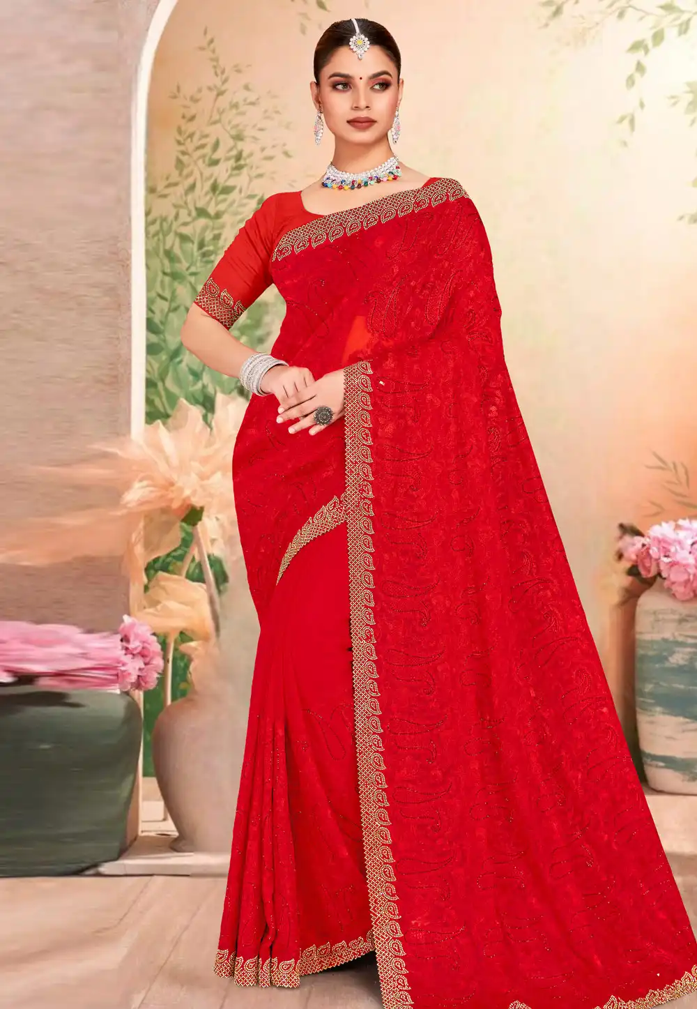 Red Georgette Saree With Blouse 317580