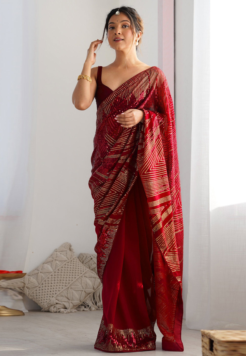 Red Georgette Sequence Saree 320400
