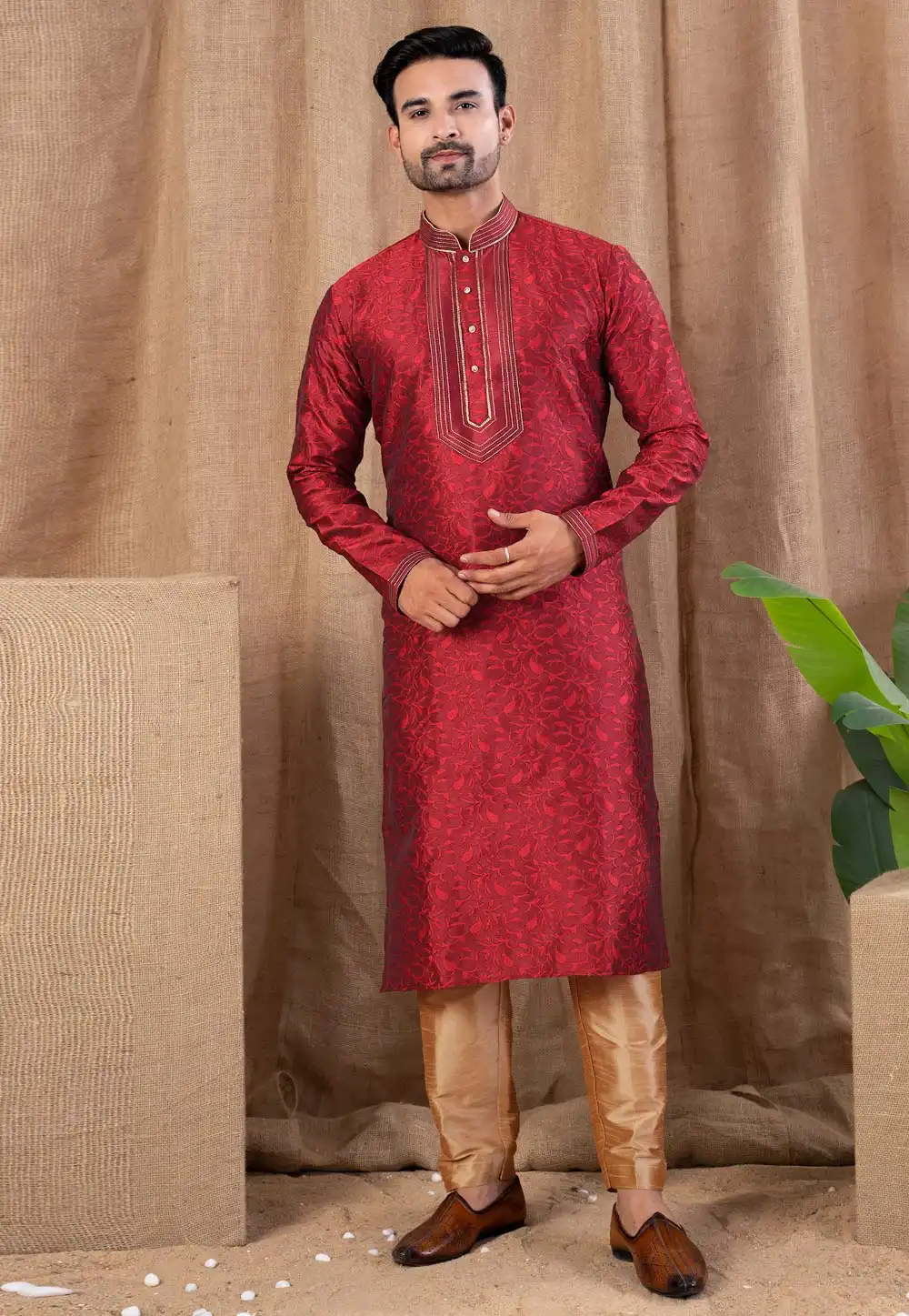 Red Jacquard Kurta Pajama 316423