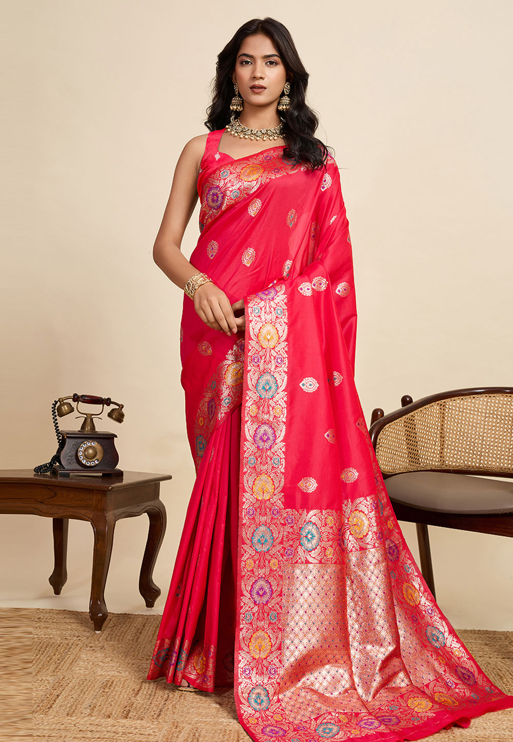 Red Jacquard Saree With Blouse 320697