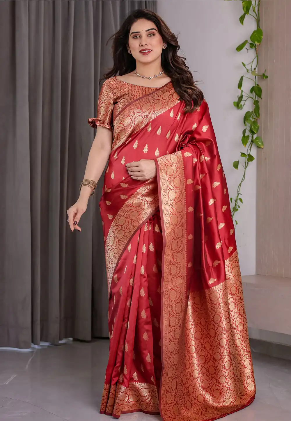 Red Jacquard Saree With Blouse 321349
