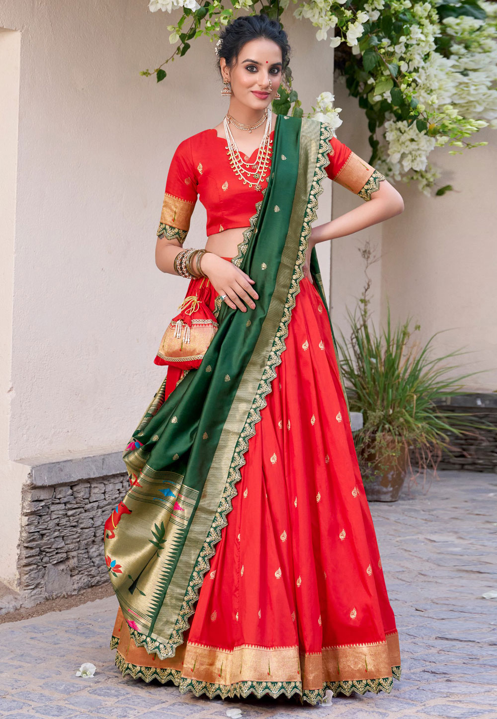 Red Jacquard Silk Circular Lehenga Choli 311240