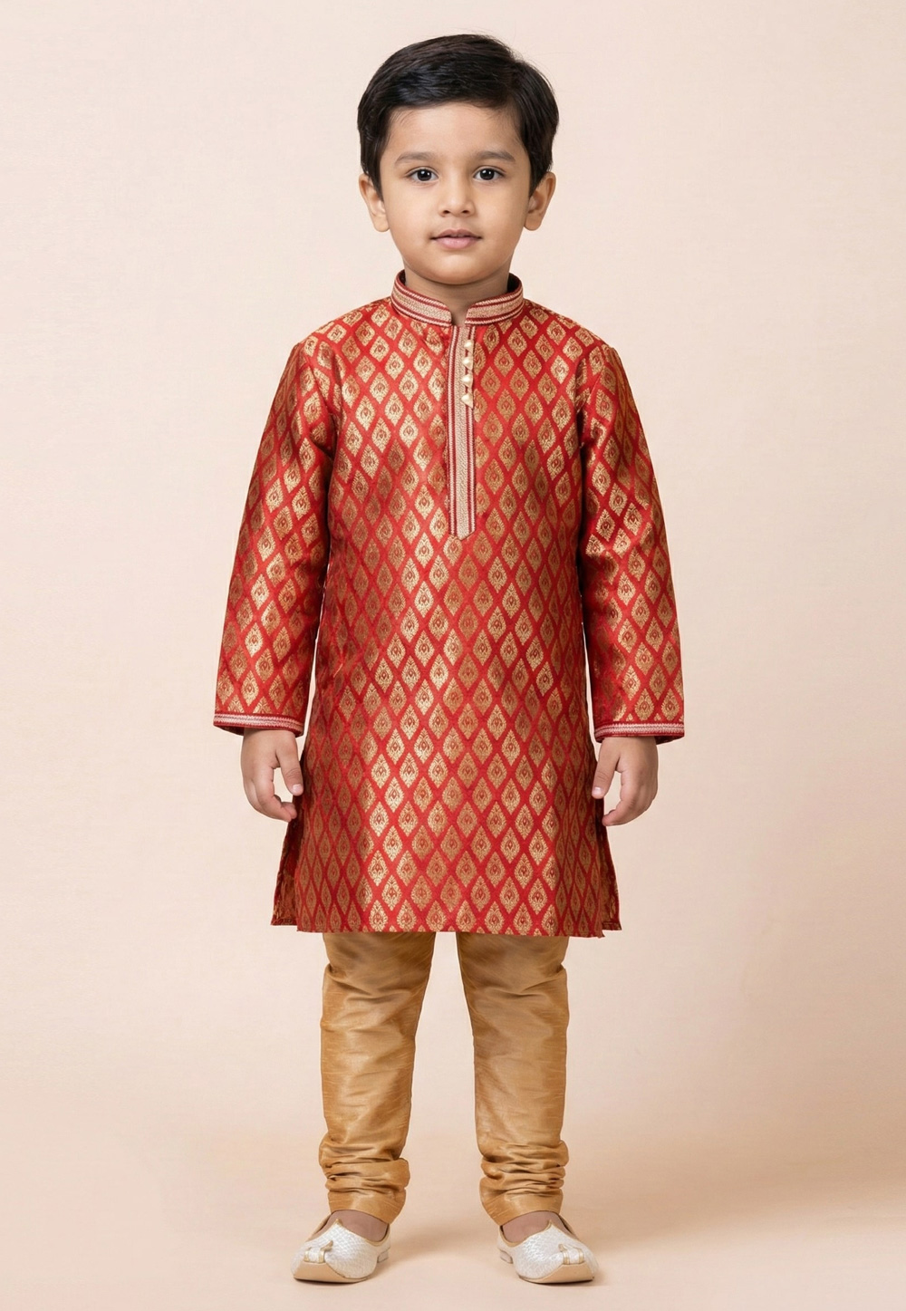 Red Jacquard Silk Kids Kurta Pajama 322631