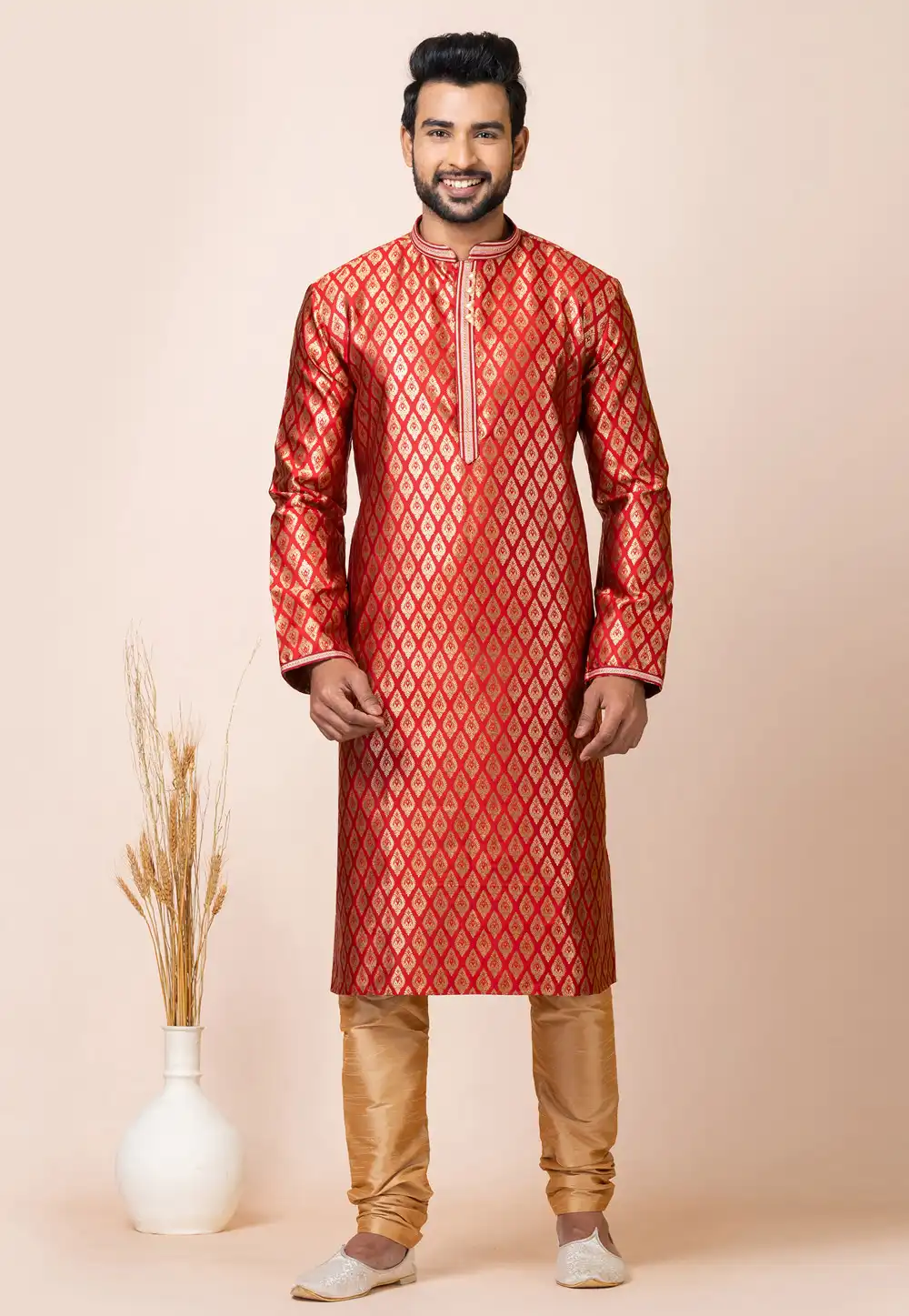 Red Jacquard Silk Kurta Pajama 286252