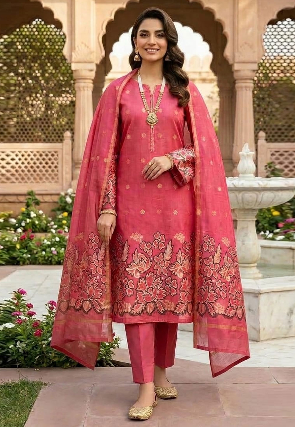 Red Jacquard Silk Pakistani Suit 330328