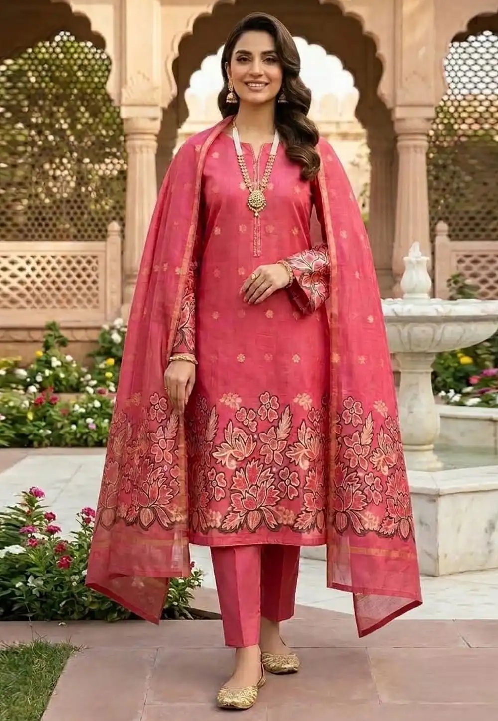 Red Jacquard Silk Pakistani Suit 330328