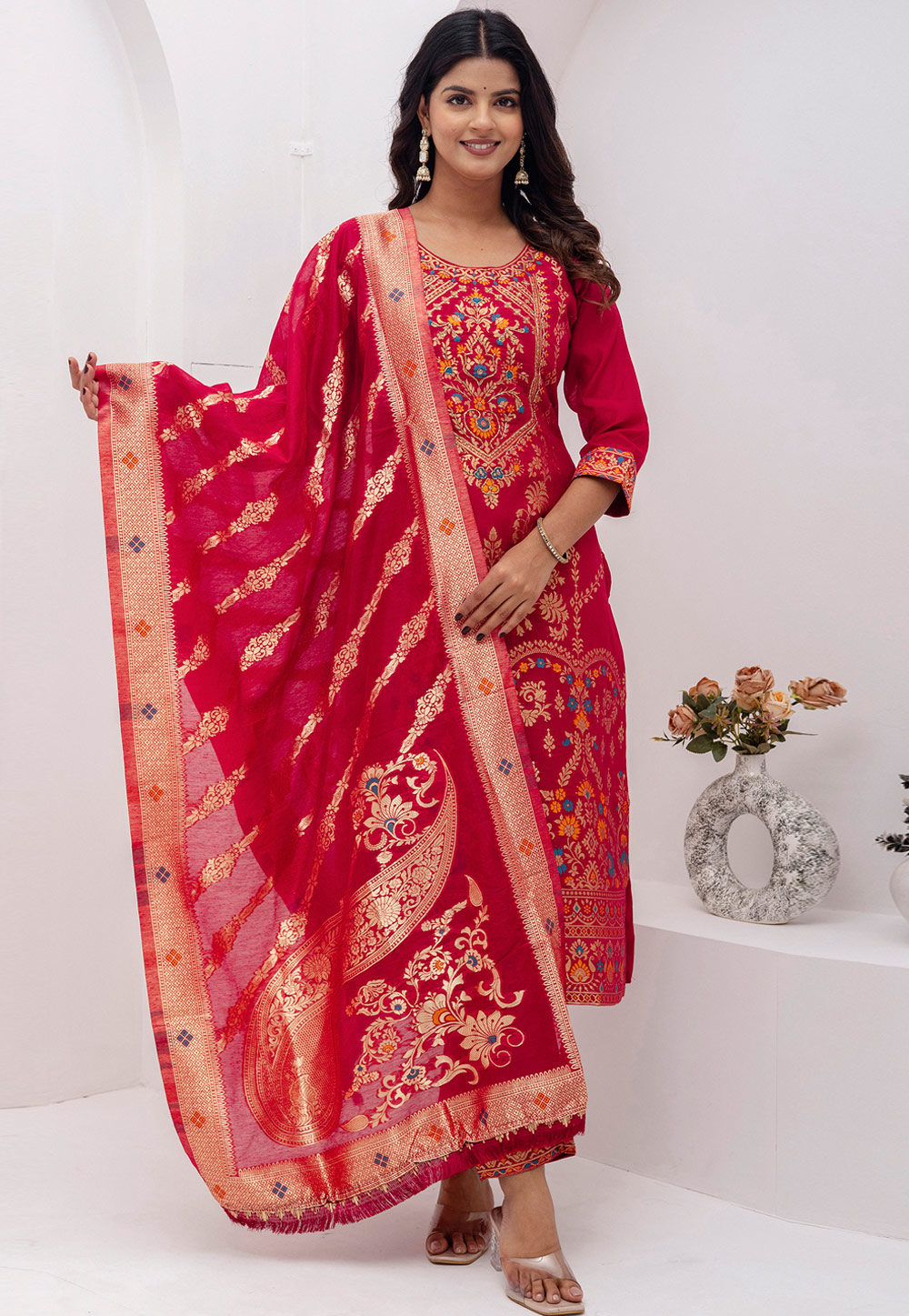 Red Jacquard Silk Readymade Pant Style Suit 308711