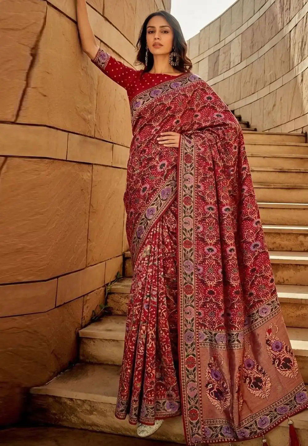 Red Khadi Saree With Blouse 330437
