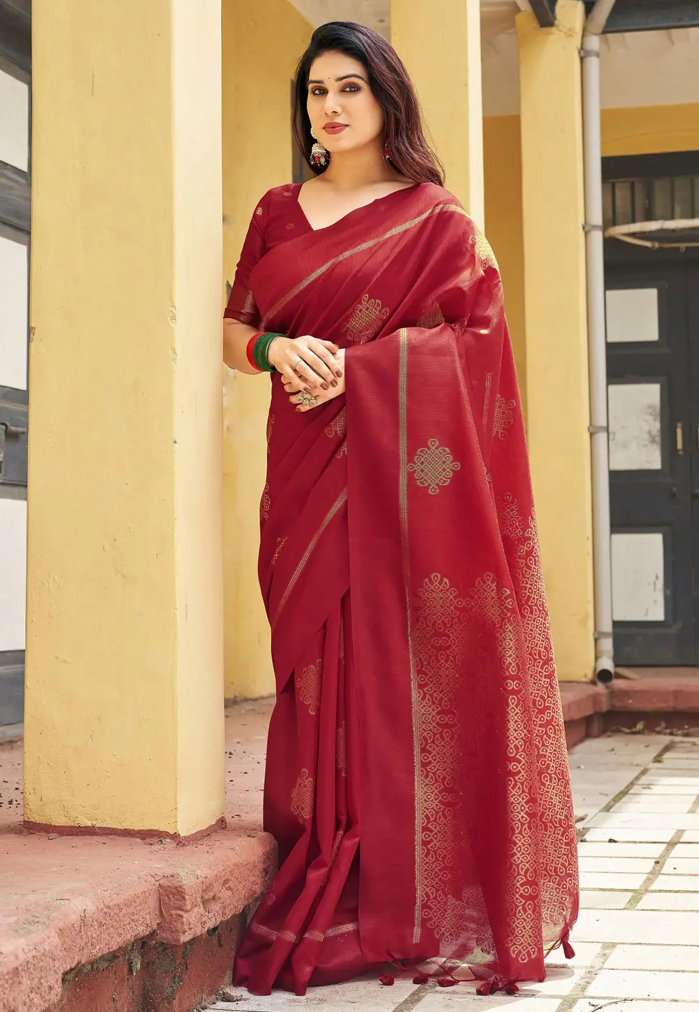 Red Khadi Saree With Blouse 335977