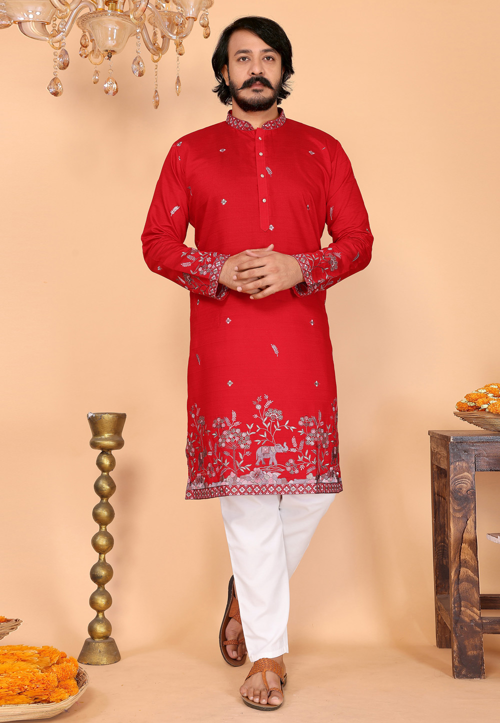 Red Linen Kurta Pajama 322099
