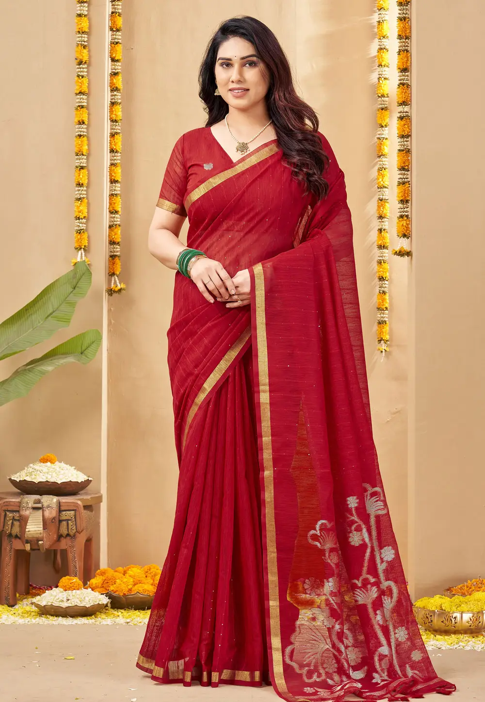 Red Linen Saree With Blouse 335965
