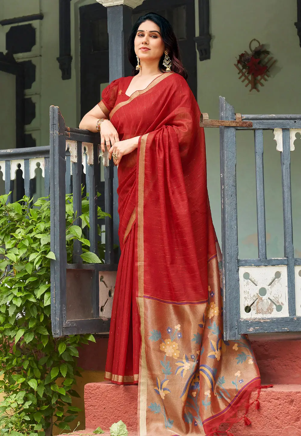 Red Linen Saree With Blouse 336590