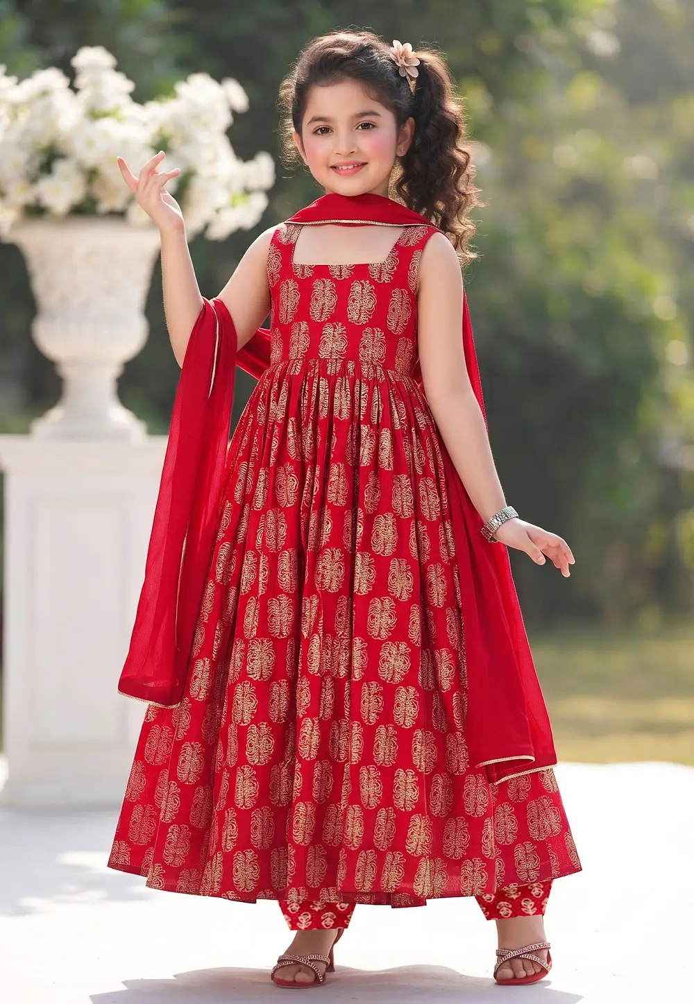 Red Muslin Kids Salwar Suit 334006